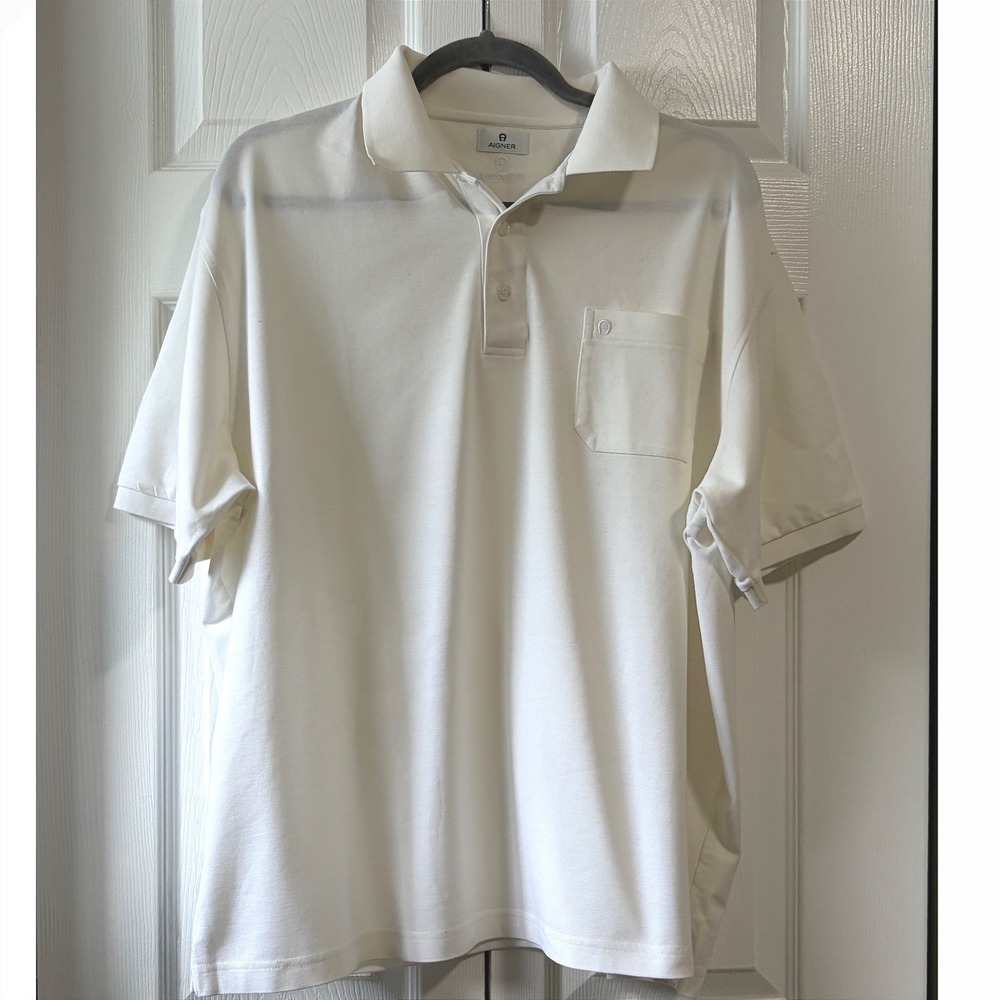 Aigner Mens White Cotton Pique Short Sleeve Polo Shirt XXL Horseshoe Logo Pocket